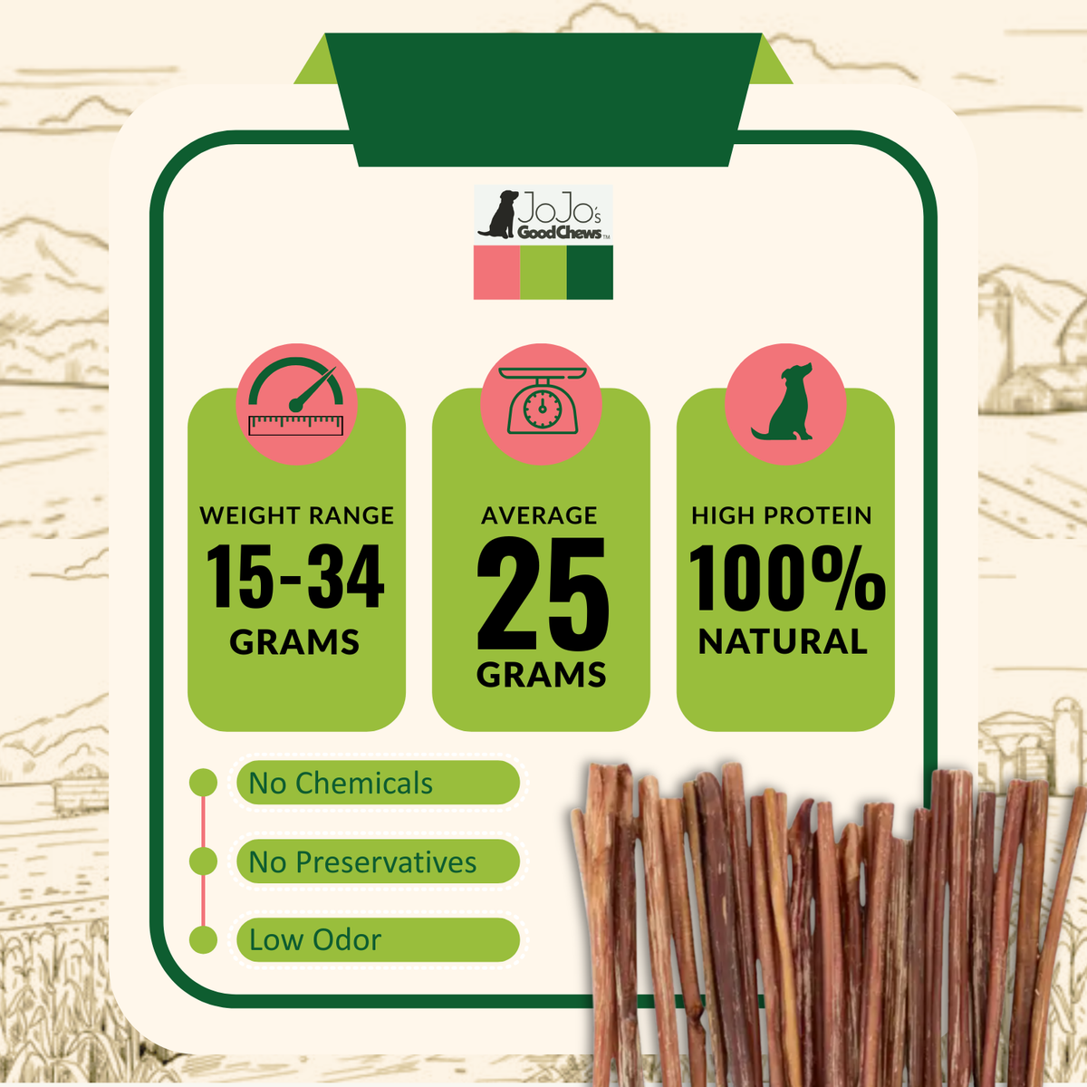 Bulk case packaging for 25 thin 12 inch beef bully sticks for dogs