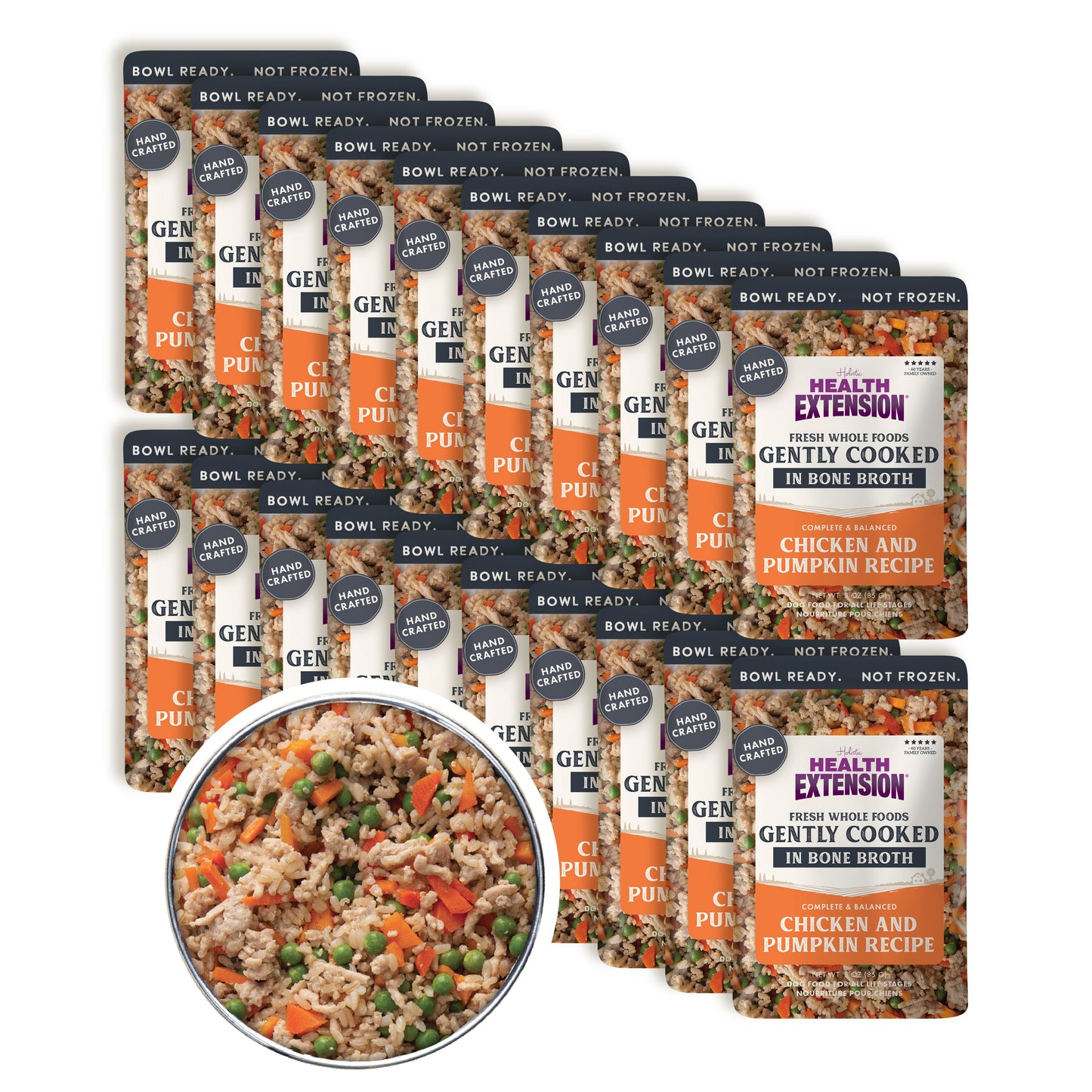 Multiple packages of Health Extension pet food with a close-up of the food inside a bowl.