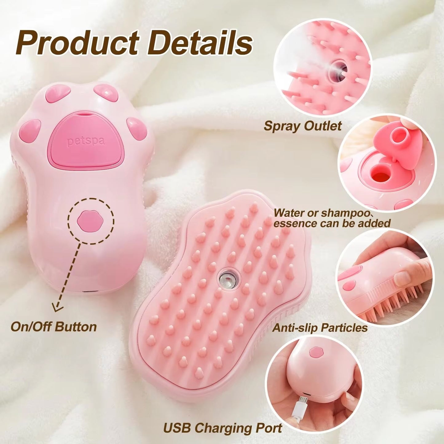Electric Cat Grooming Brush with Spray – 3-in-1 Pet Hair Removal Comb