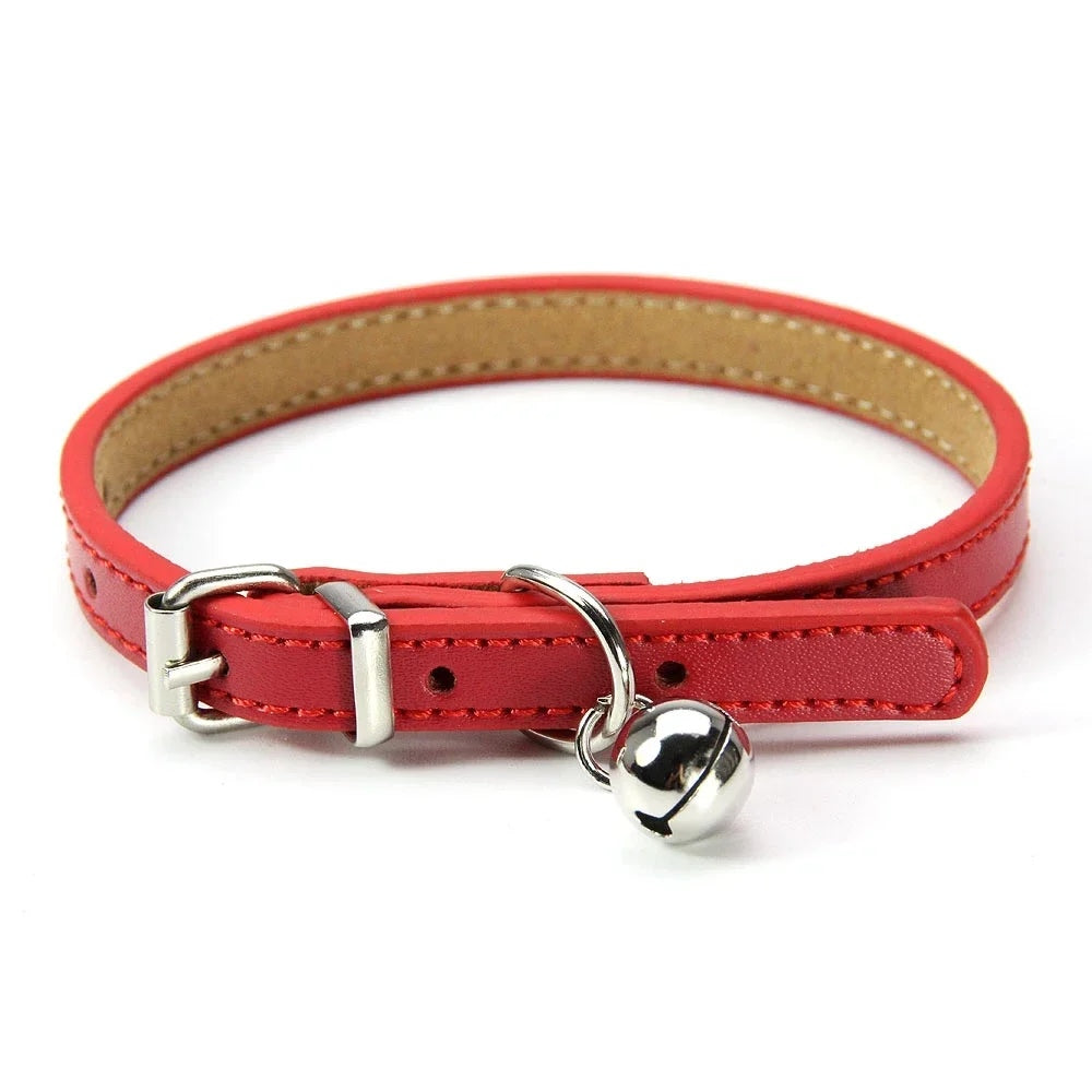 Soft Leather Cat Collar with Bell – Adjustable Kitten Accessory