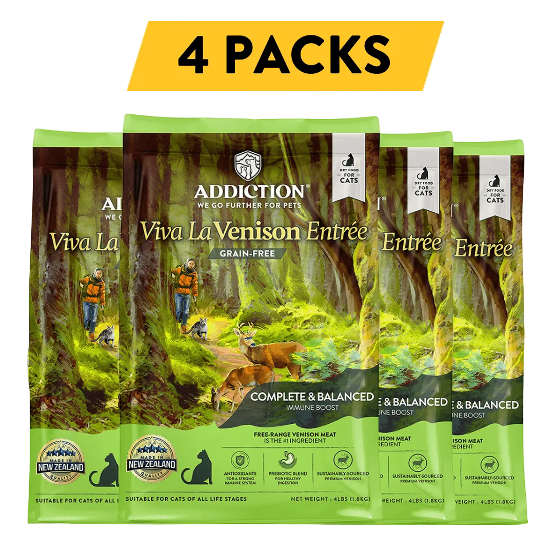 Addiction Viva La Venison Entrée cat food packages with '4 Packs' text on a white background