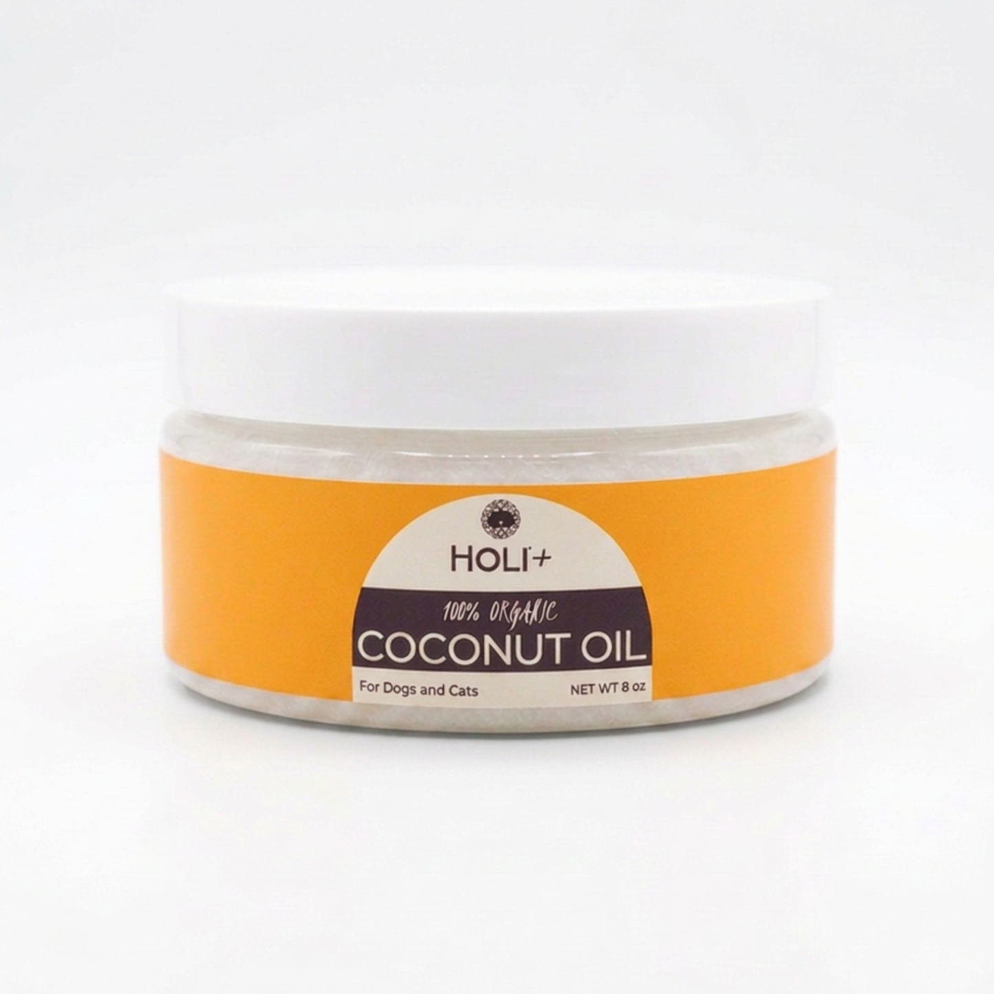 Jar of Holi+ coconut oil for dogs and cats on a white background