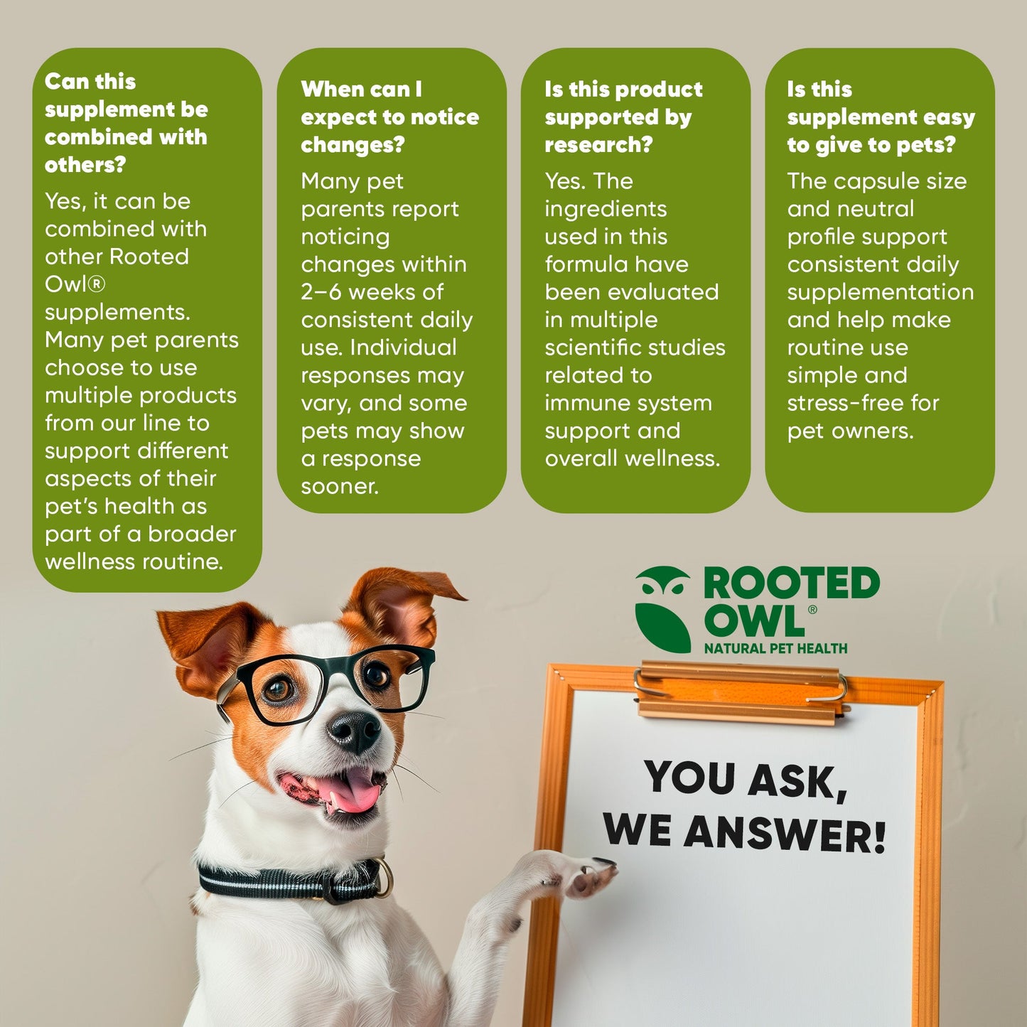 Dog wearing glasses holding a sign with 'Rooted Owl' branding and product information.