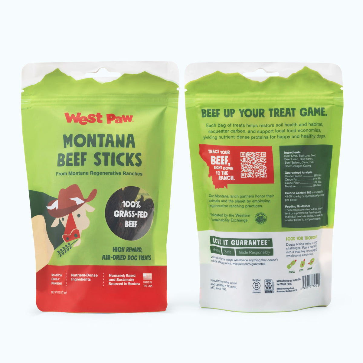 Two packages of West Paw Montana Beef Sticks on a white background