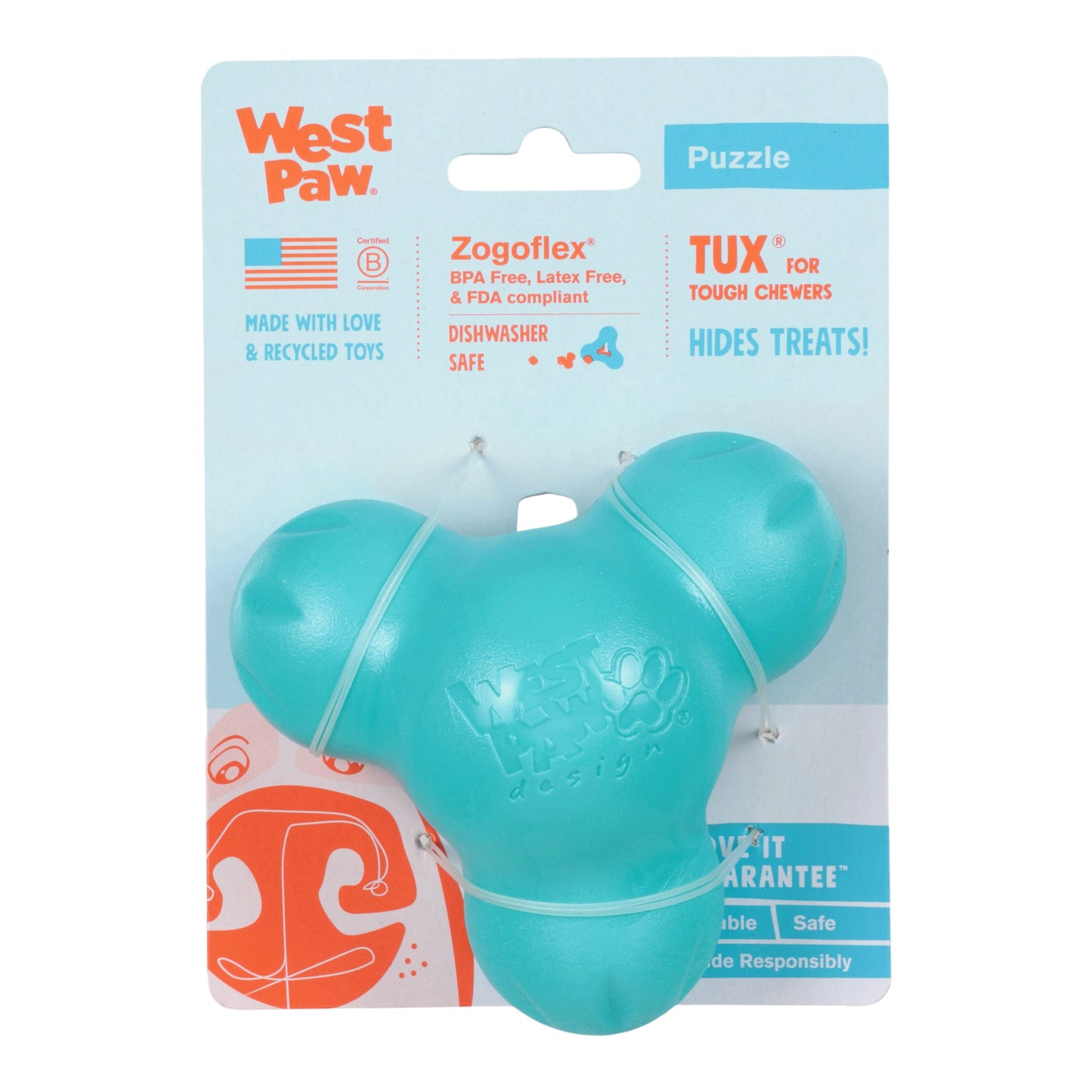 Teal dog toy in West Paw packaging on a white background