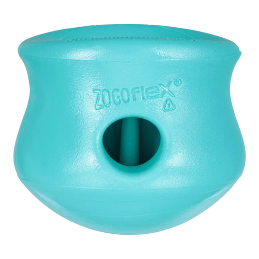 Turquoise dog toy with a central hole on a white background