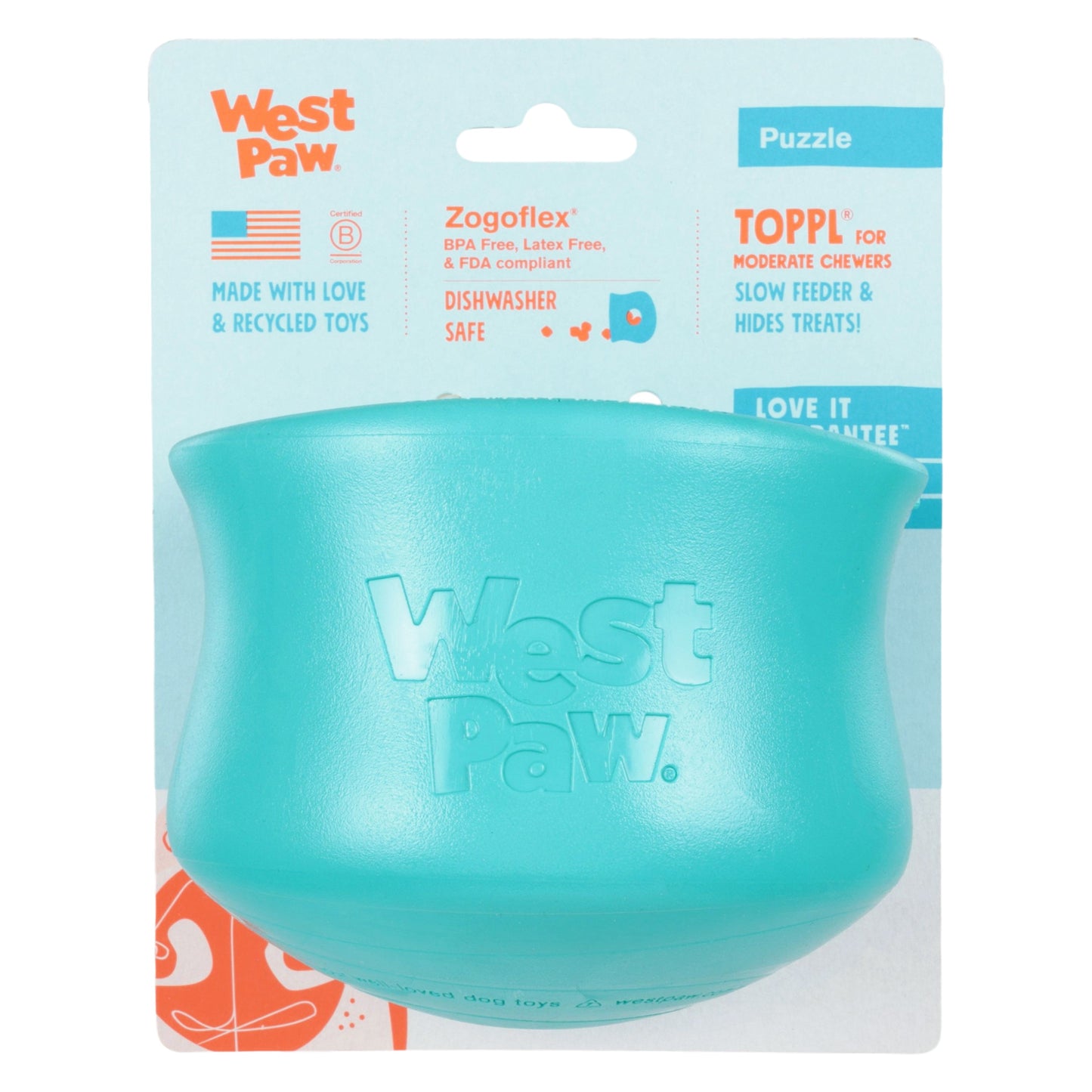 Turquoise dog toy with West Paw branding on a clear packaging background