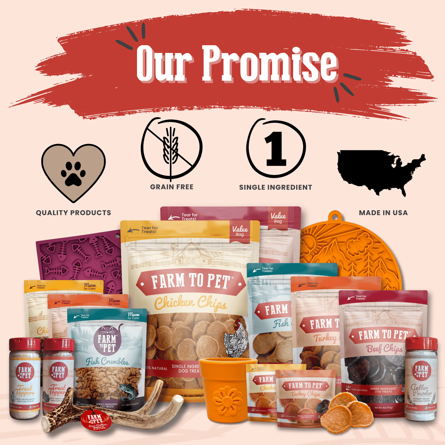 Collection of pet food products with branding elements on a light pink background