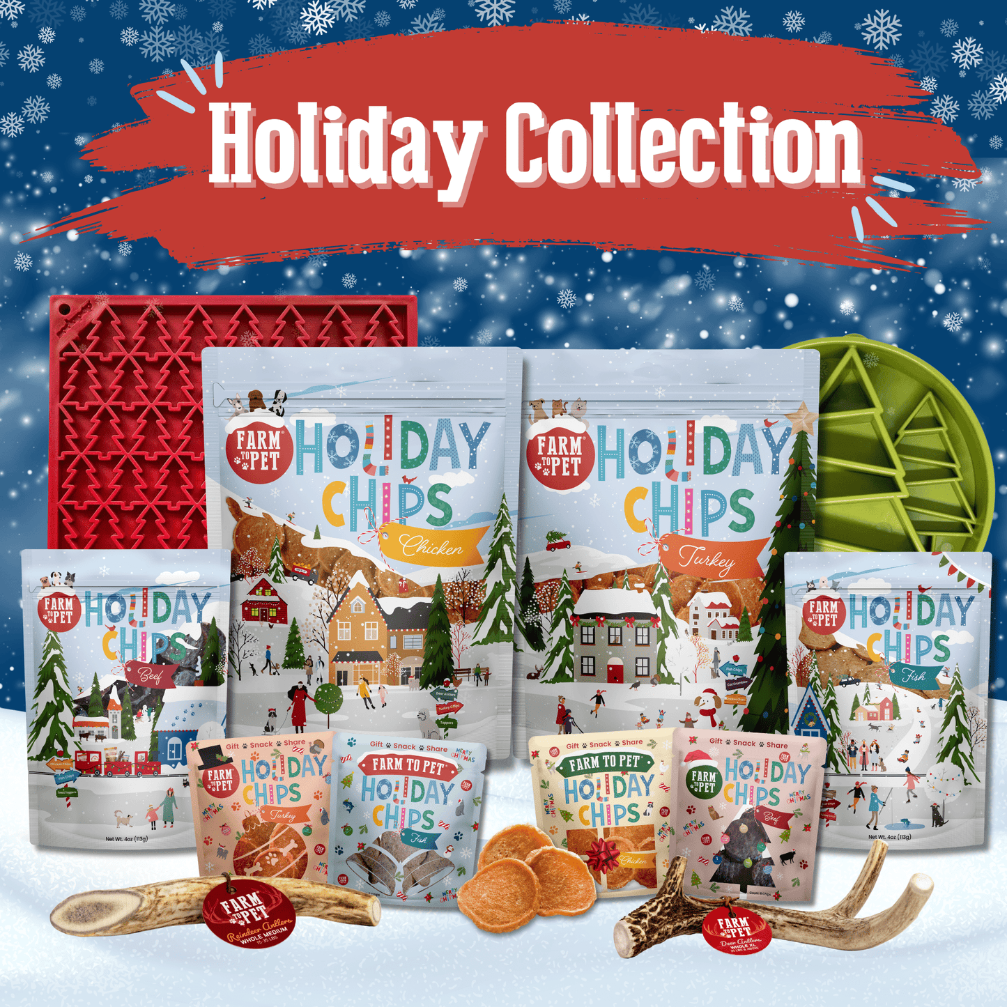 Collection of 'Farm to Pet' Holiday Chips packaging with festive design on a snowy background.