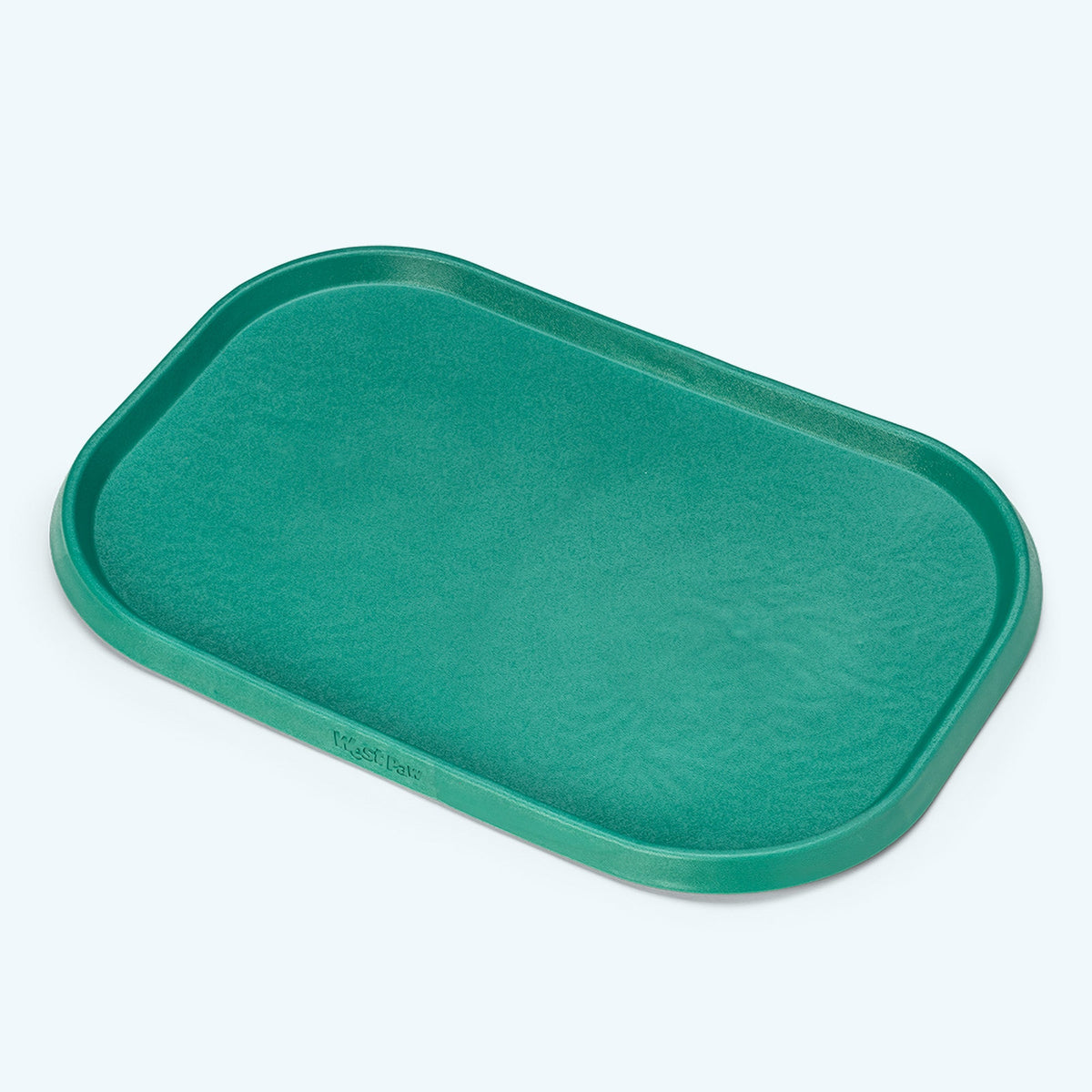 Green tray on a light blue background