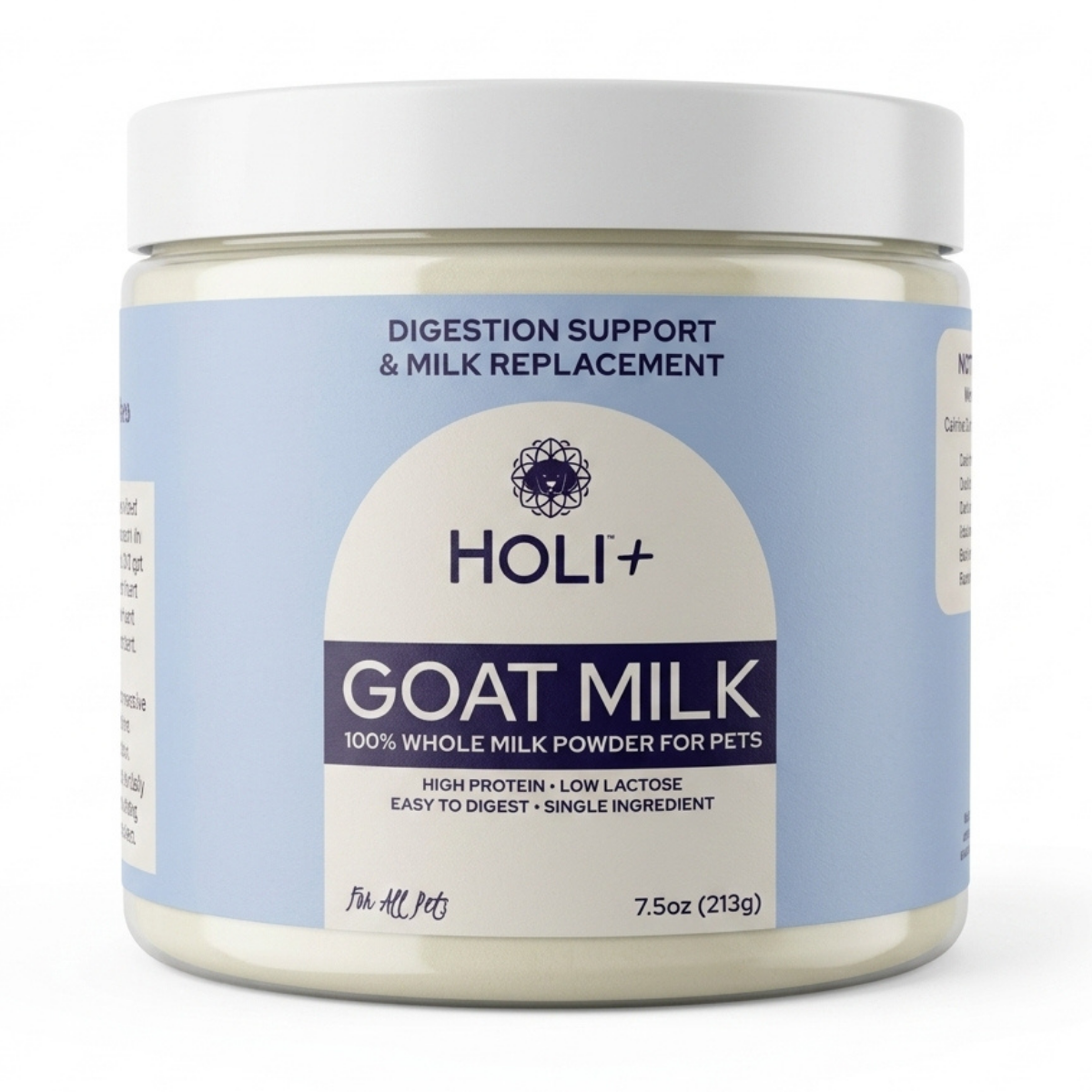 Jar of Holi+ Goat Milk powder for pets on a white background