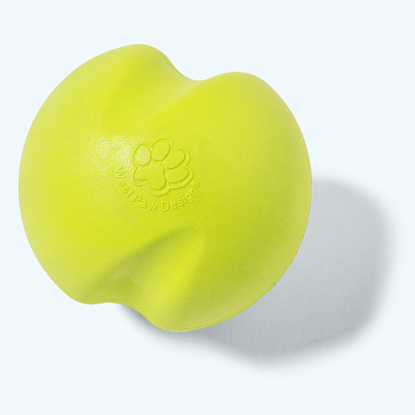 Yellow dog toy with a paw print logo on a light gray background
