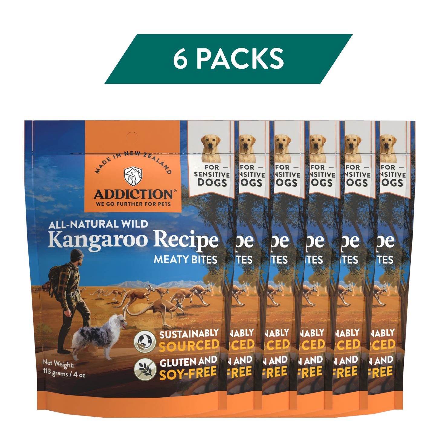 Kangaroo Meaty Bites Dog Treats package — 6-pack bundle