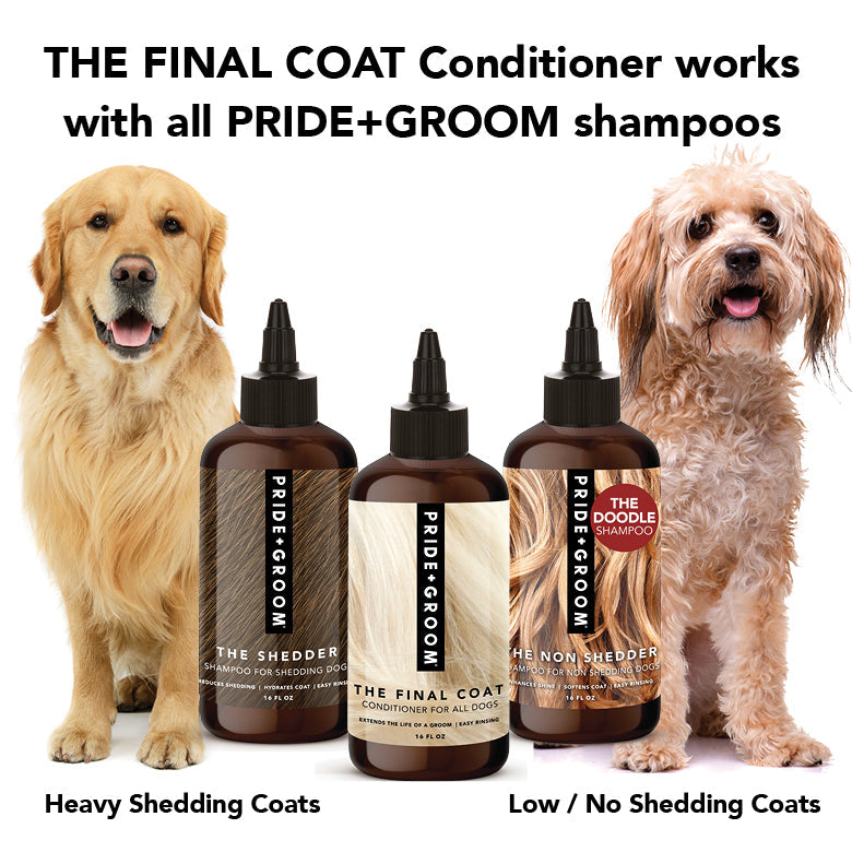 Two dogs standing next to bottles of Pride & Groom shampoo and conditioner with text about product compatibility.