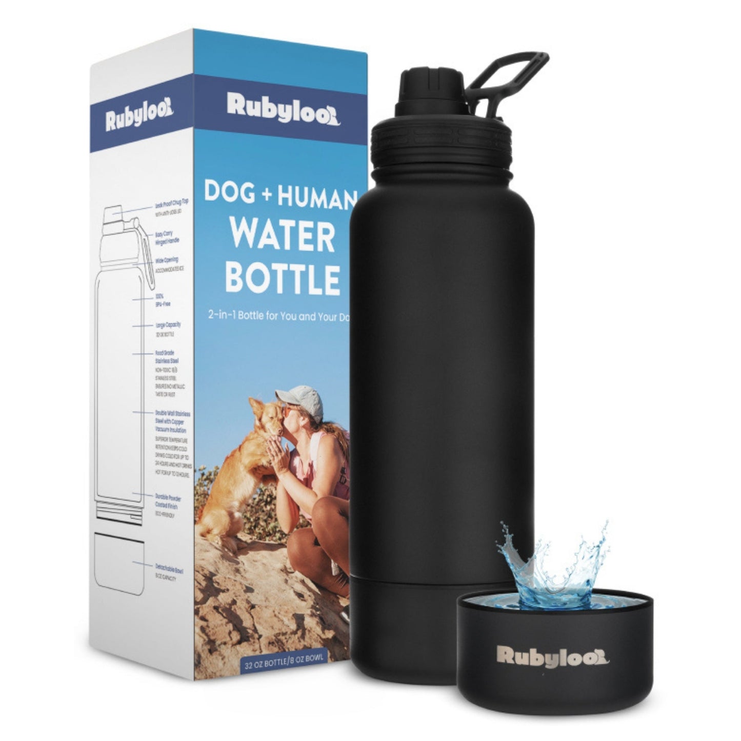 Black water bottle with Rubyloo branding next to its packaging on a white background