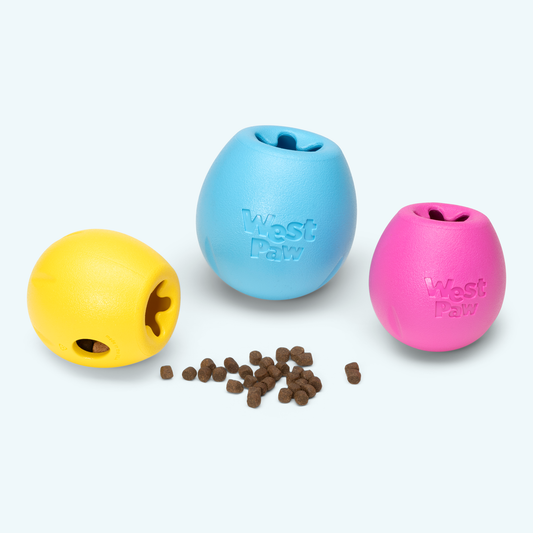 Three colorful dog toys with 'West Paw' branding on a white background.