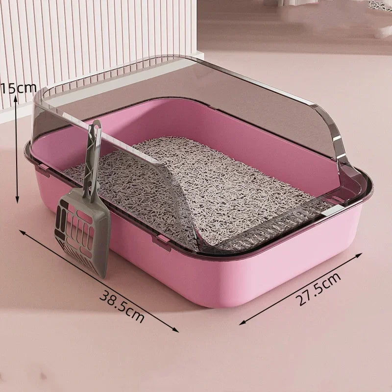 Pink cat litter box with dimensions labeled on a neutral background