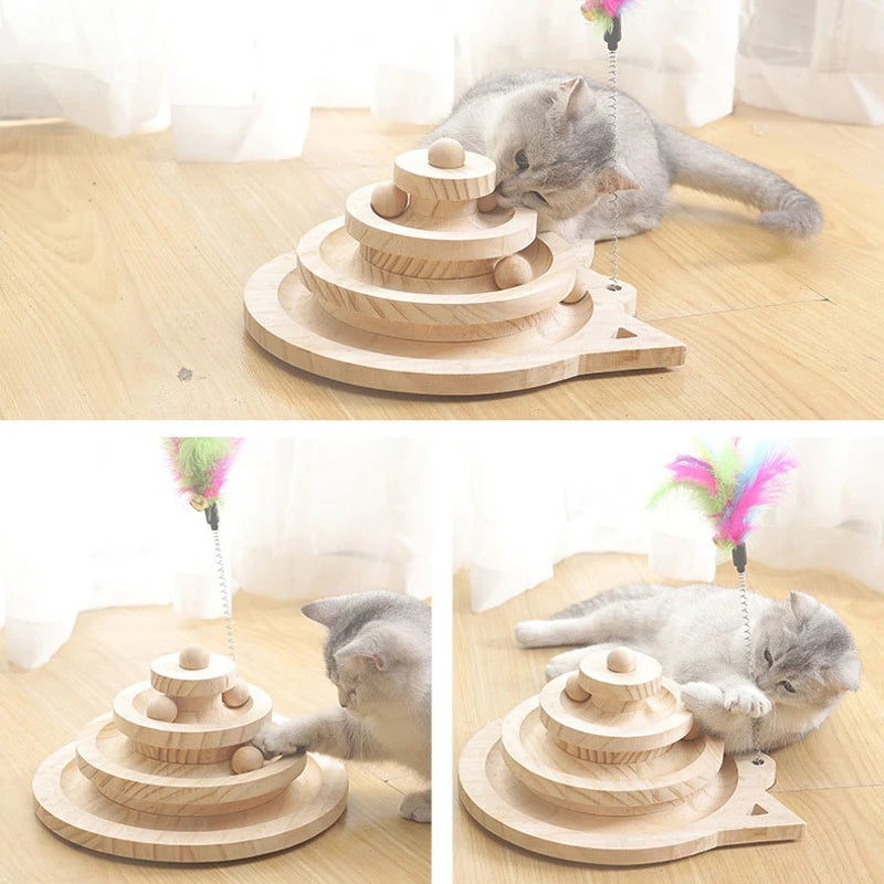 Wooden Cat Toy Tower with Tracks – Interactive Triple Ball Play