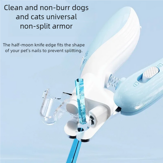 Pet nail trimming tool with text on a light blue background