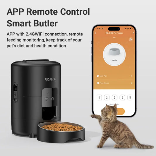 Smart pet feeder with app control and a cat interacting with it on a light gray background