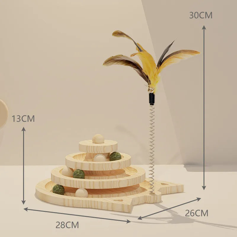 Wooden Cat Toy Tower with Tracks – Interactive Triple Ball Play