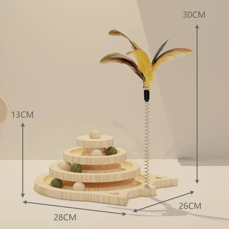 Wooden Cat Toy Tower with Tracks – Interactive Triple Ball Play