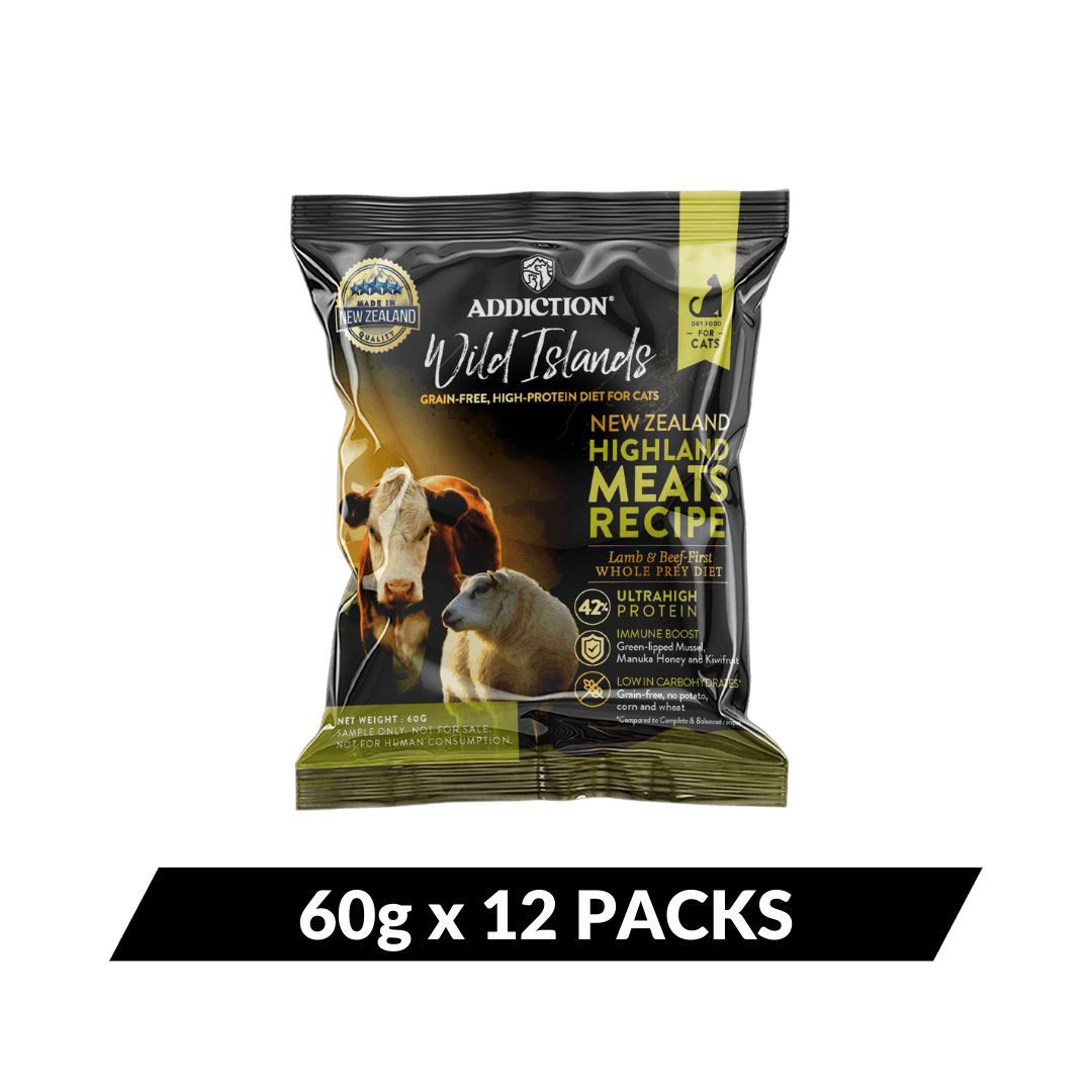 Package of Addiction Wild Islands cat food on a dark green background