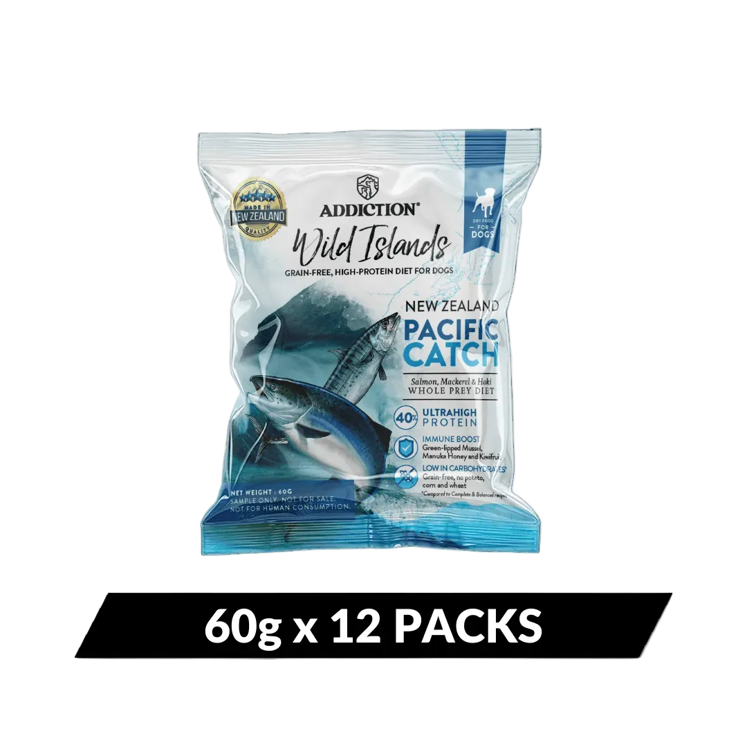 Package of Addiction Wild Islands Pacific Catch dog food on a white background