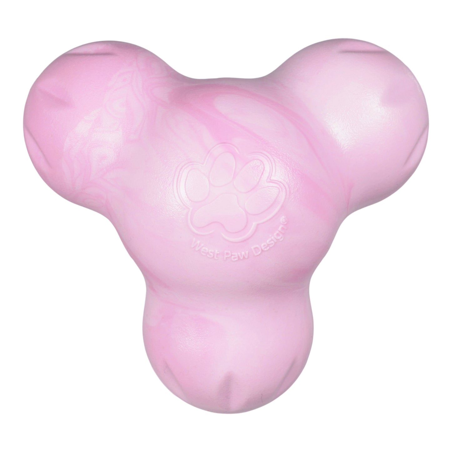 Pink dog toy with a paw print logo on a white background