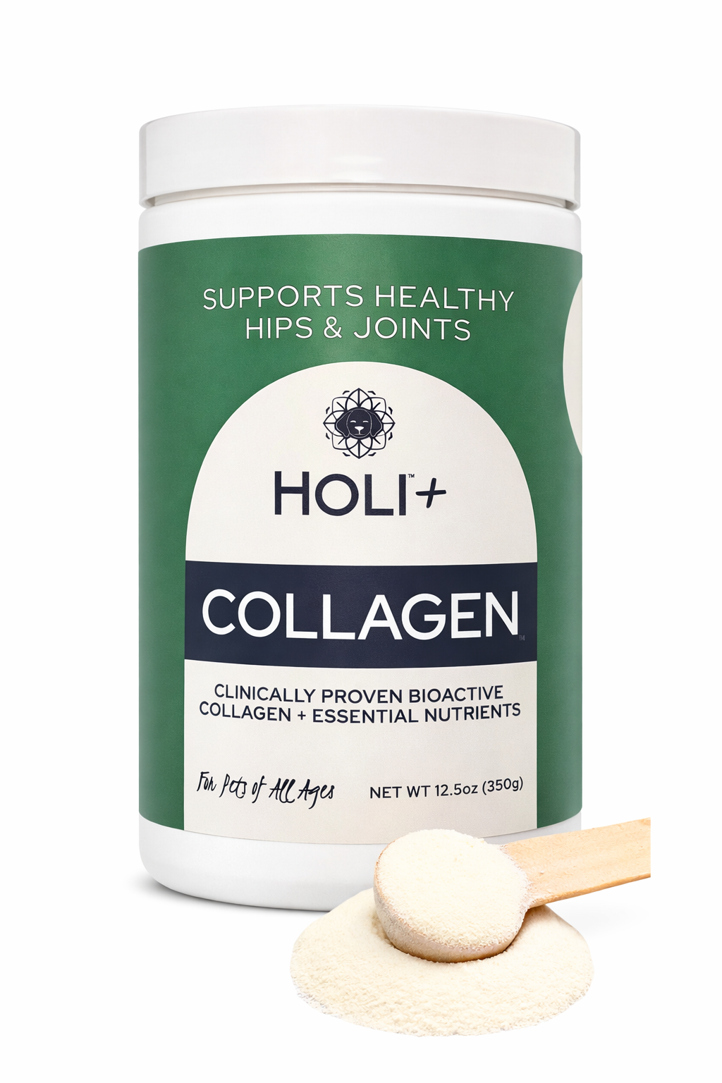 HOLI+ Collagen supplement container with a scoop of powder on a white background