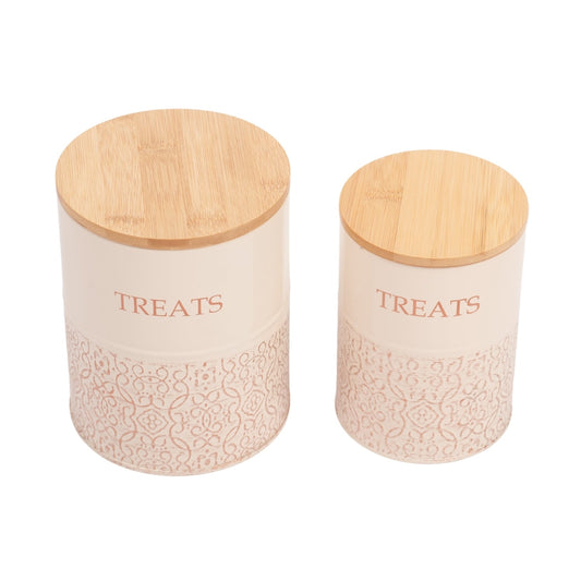 White Swan treat canister set styled on a pale kitchen worktop
