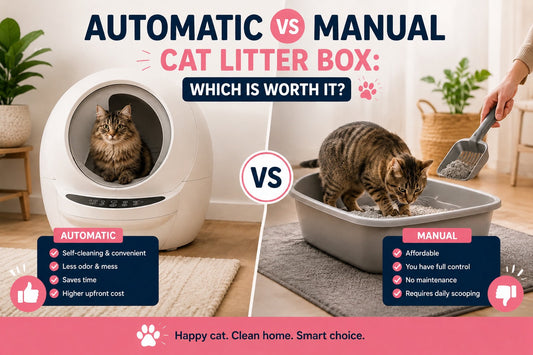 Comparison of an automatic self-cleaning cat litter box and a manual cat litter box, highlighting the pros and cons of each for cat owners.