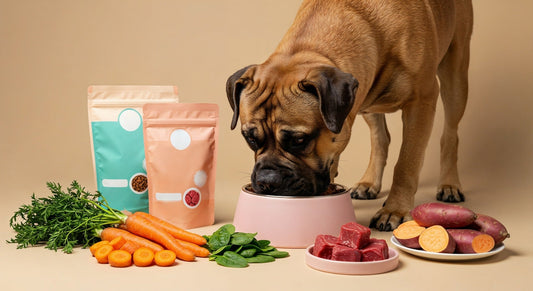A dog eating vegetables on a beige background.