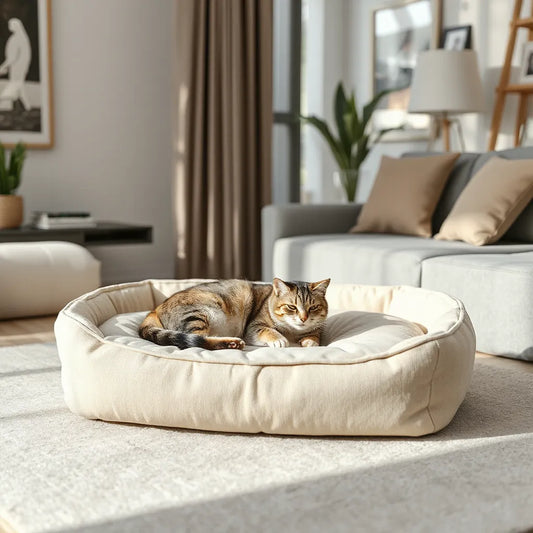 A curled-up cat resting on a sleek modern cat bed in a minimalist, sunlit living room.