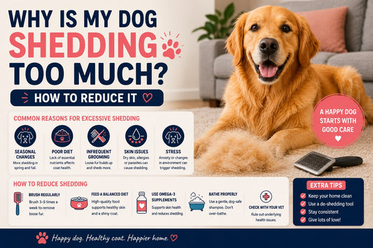 Golden Retriever with loose fur beside a grooming brush, illustrating common causes of excessive dog shedding and how to reduce shedding at home.