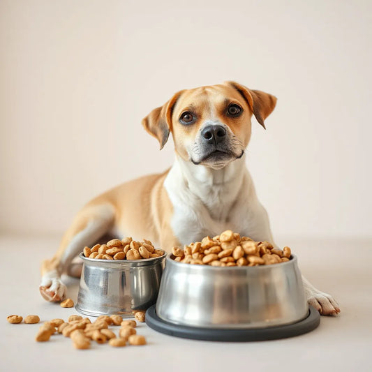 Medium-sized dog calmly beside a stainless bowl of kibble in a bright, neutral setting