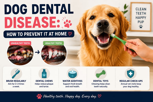 Golden Retriever having its teeth brushed at home with a dog toothbrush, illustrating how to prevent dog dental disease through regular oral care.