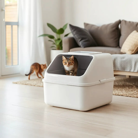Sleek self-cleaning litter box in a bright living room with a cat nearby