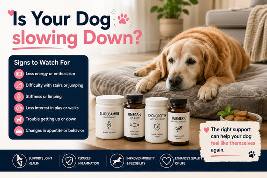 Senior golden retriever resting comfortably beside joint support supplements including glucosamine, chondroitin, omega-3, and turmeric for aging dogs.