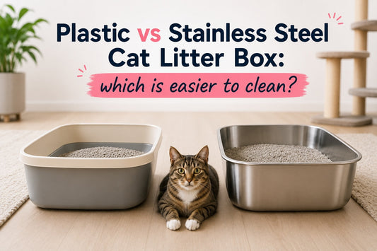 A cat and to two litter boxes with text on the image.