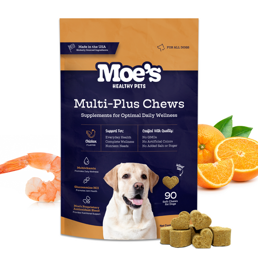 Moe's Healthy Pets Multi-Plus Chews, Hip & Joint Chews, Chillout Chews, and Pre + Pro Biotic Chews — a dog supplement stack for active dogs