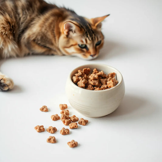 Freeze dried cat food pieces in a bowl with a calm cat softly blurred in the background