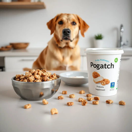 Bowls of dog kibble and probiotic powder on a clean counter with a calm dog in the background
