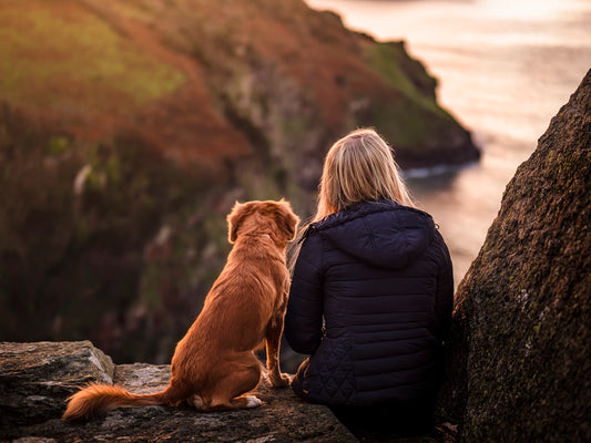Woman sitting outdoors with her dog near tall grass and rocks, the kind of terrain where fleas and ticks wait to latch on