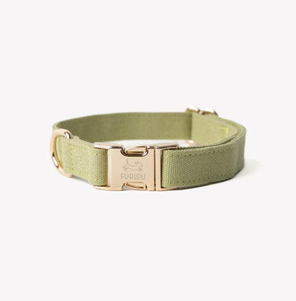 FURLOU Green Canvas Dog Collar - soft cotton with gold hardware