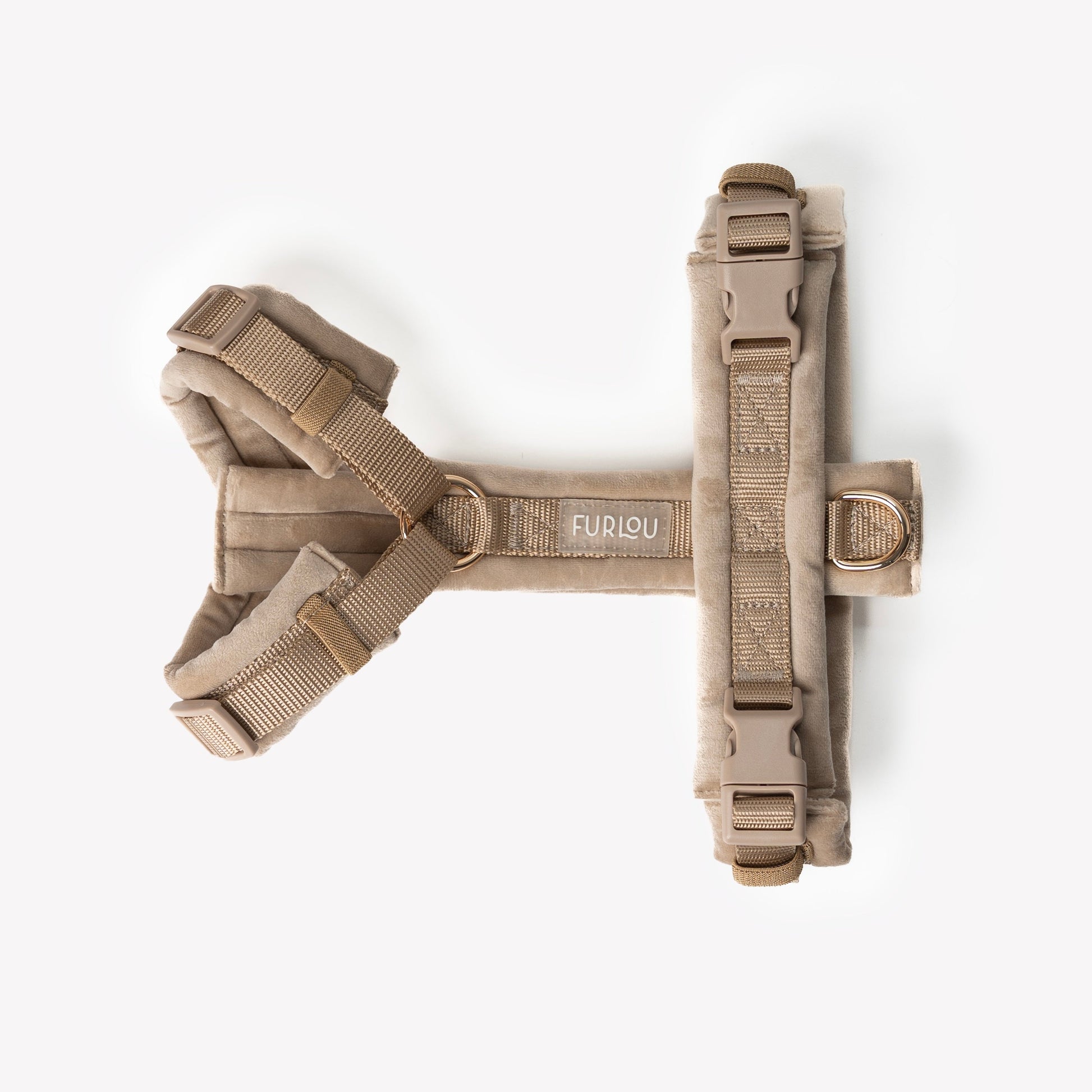 Tan dog harness with 'Furlou' branding on a white background