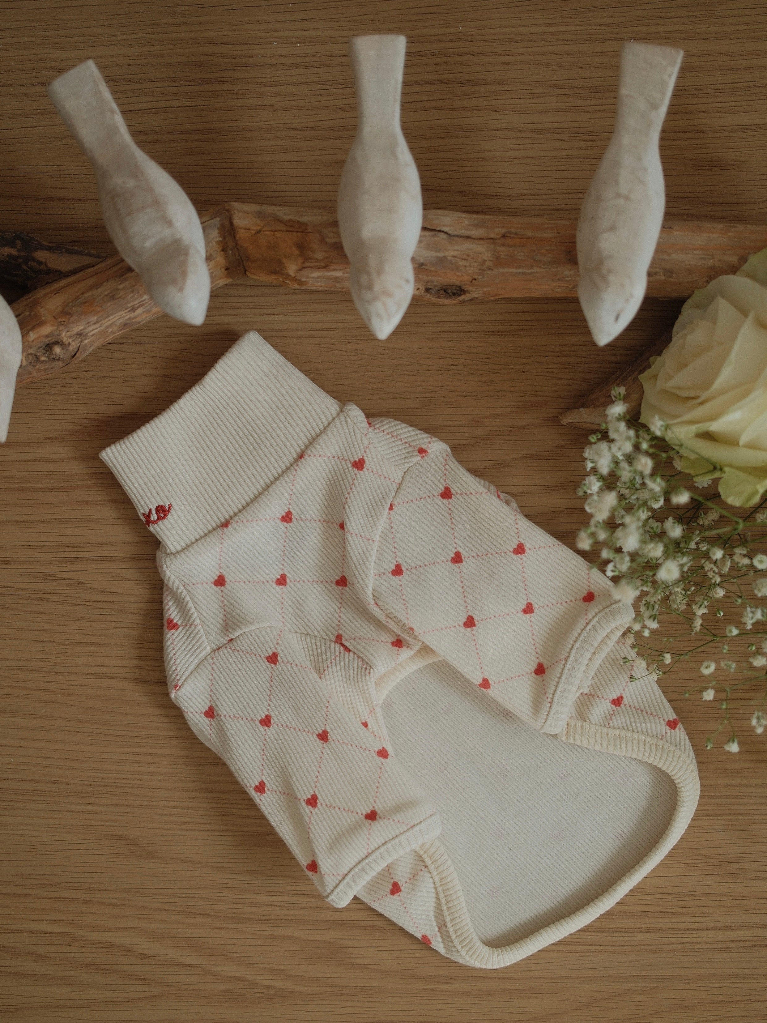 pet sweater with red heart pattern on a wooden surface with clothespins and flowers.