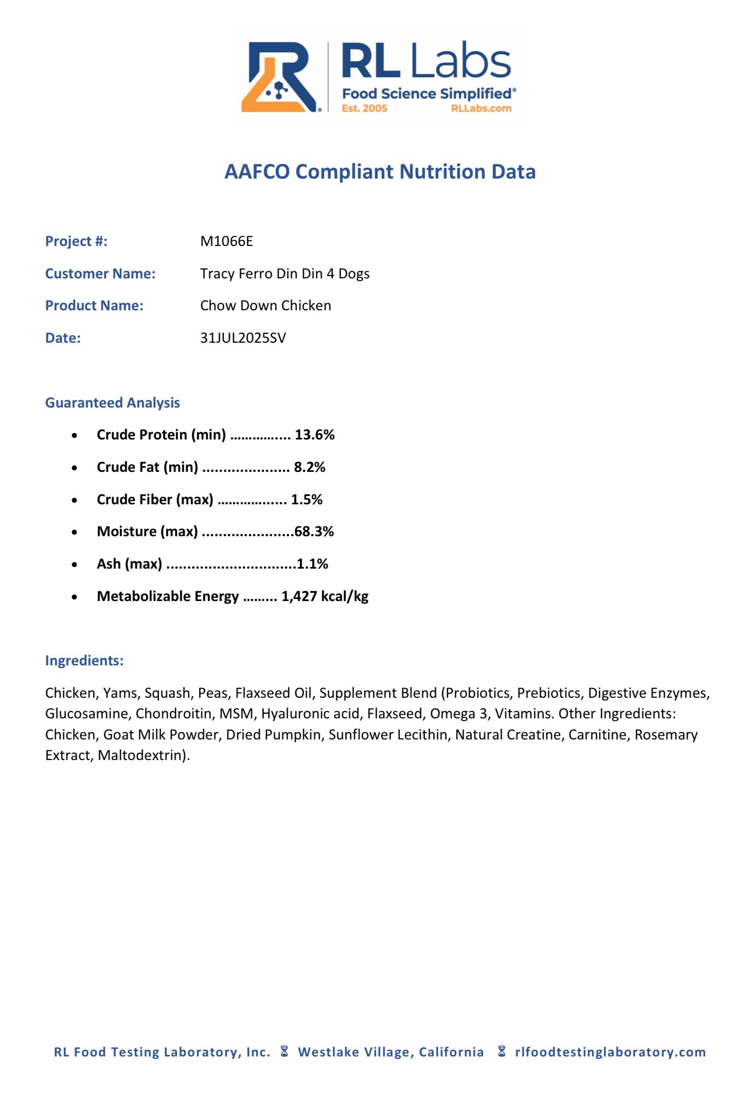 RL Labs AAFCO Compliant Nutrition Data sheet for a dog food product