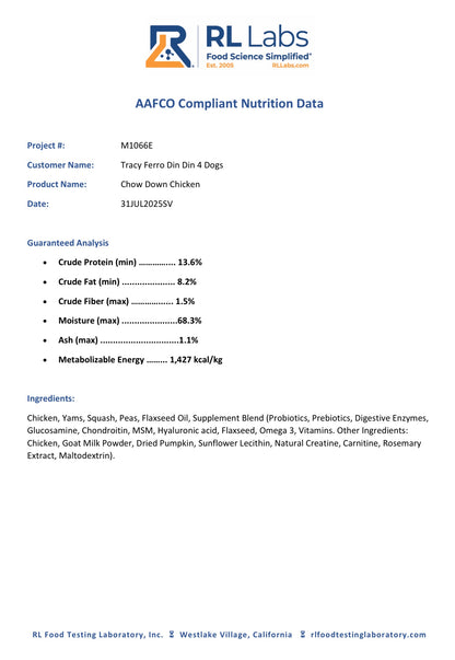 RL Labs AAFCO Compliant Nutrition Data sheet for a dog food product
