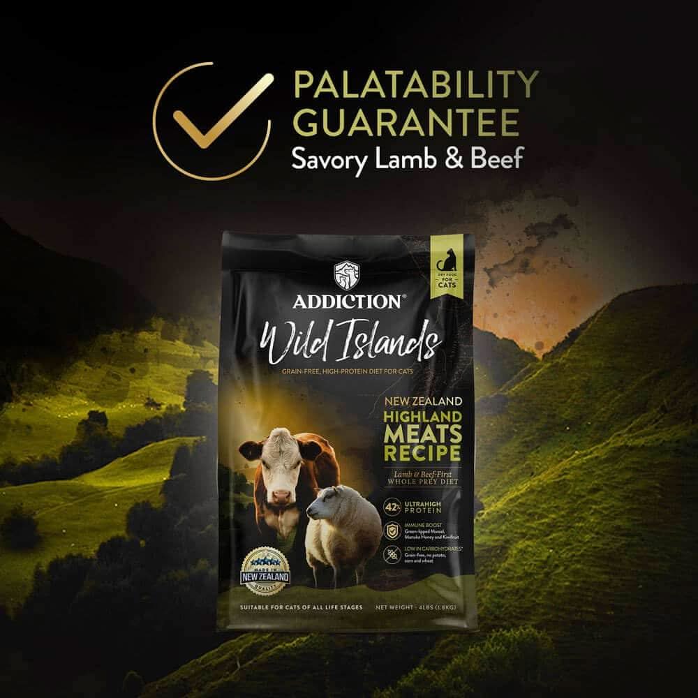 Addiction Wild Islands cat food package with a scenic background
